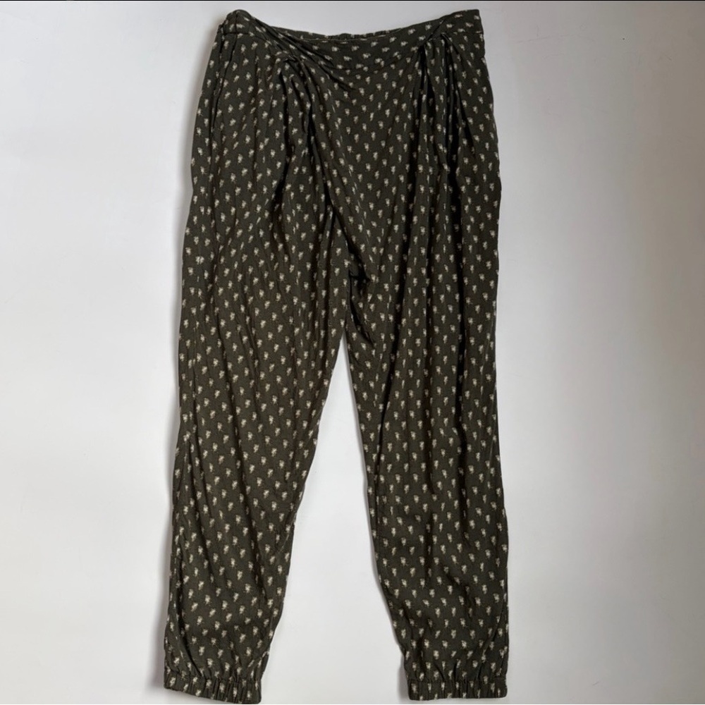 Free People Olive Printed Draped Boho Rayon Pants Crossover Waist Medium